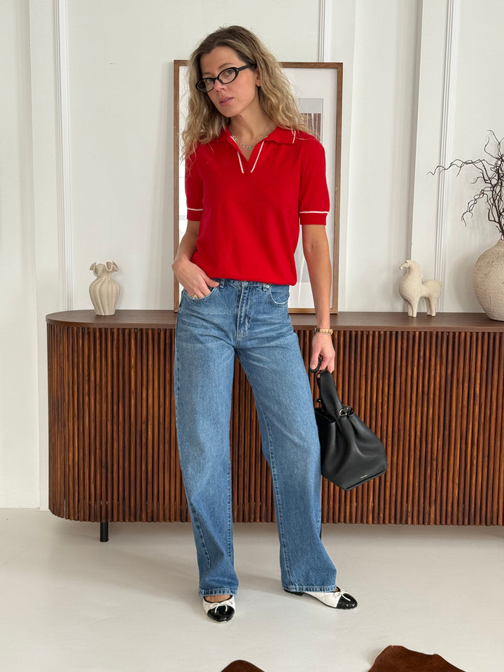 Taisnas džinsa bikses ar augstu jostasvietu un balinātu efektu #02