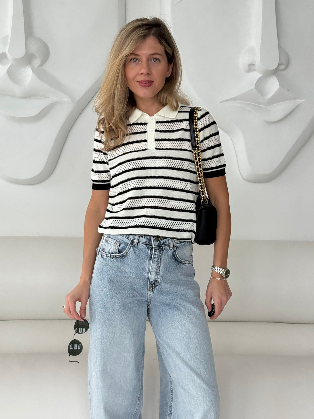 Adīts svītrains caurspīdīgs polo tops