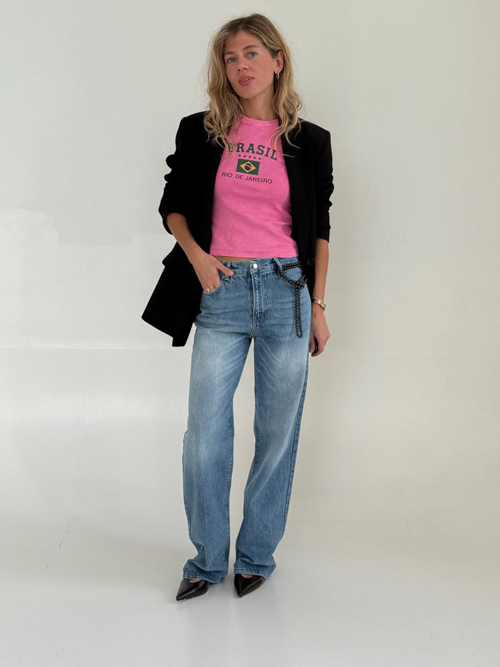 Slim fit kokvilnas rievots T-krekls ar uzrakstu