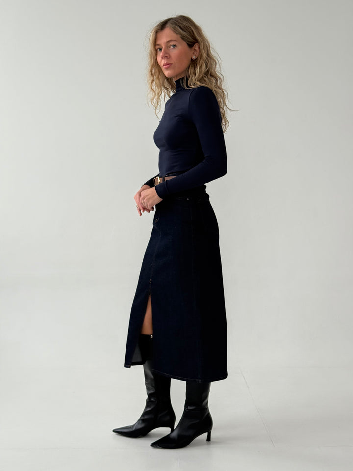 Midi džinsa svārki ar šķēlumu priekšpusē un noņemamu jostu