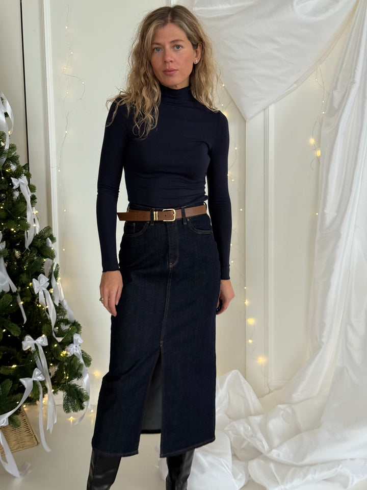 Midi džinsa svārki ar šķēlumu priekšpusē un noņemamu jostu