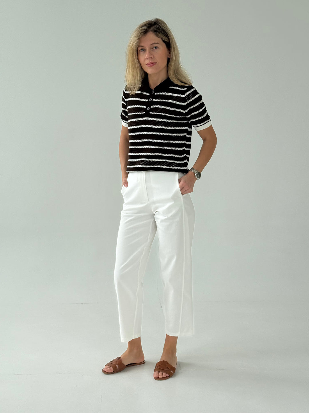 Adīts svītrains caurspīdīgs polo tops