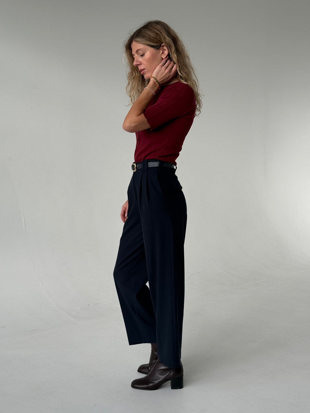 Klasiskas saīsinātas wide leg platas bikses ar jostu #01