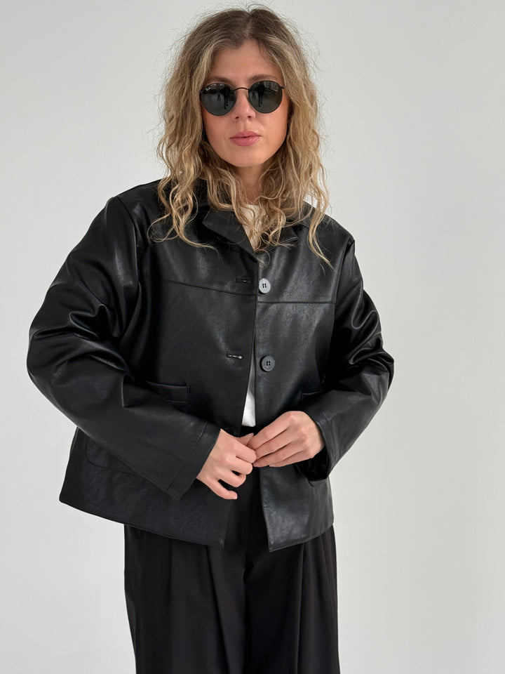 Klasiska žaketes stilā ādas imitācijas virsjaka