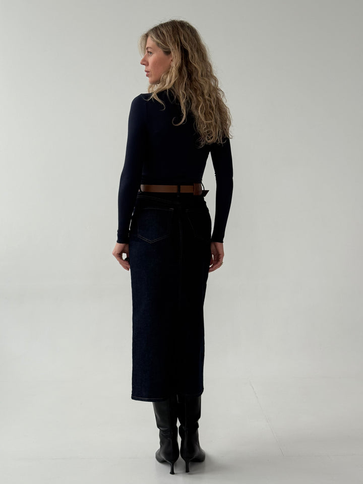 Midi džinsa svārki ar šķēlumu priekšpusē un noņemamu jostu