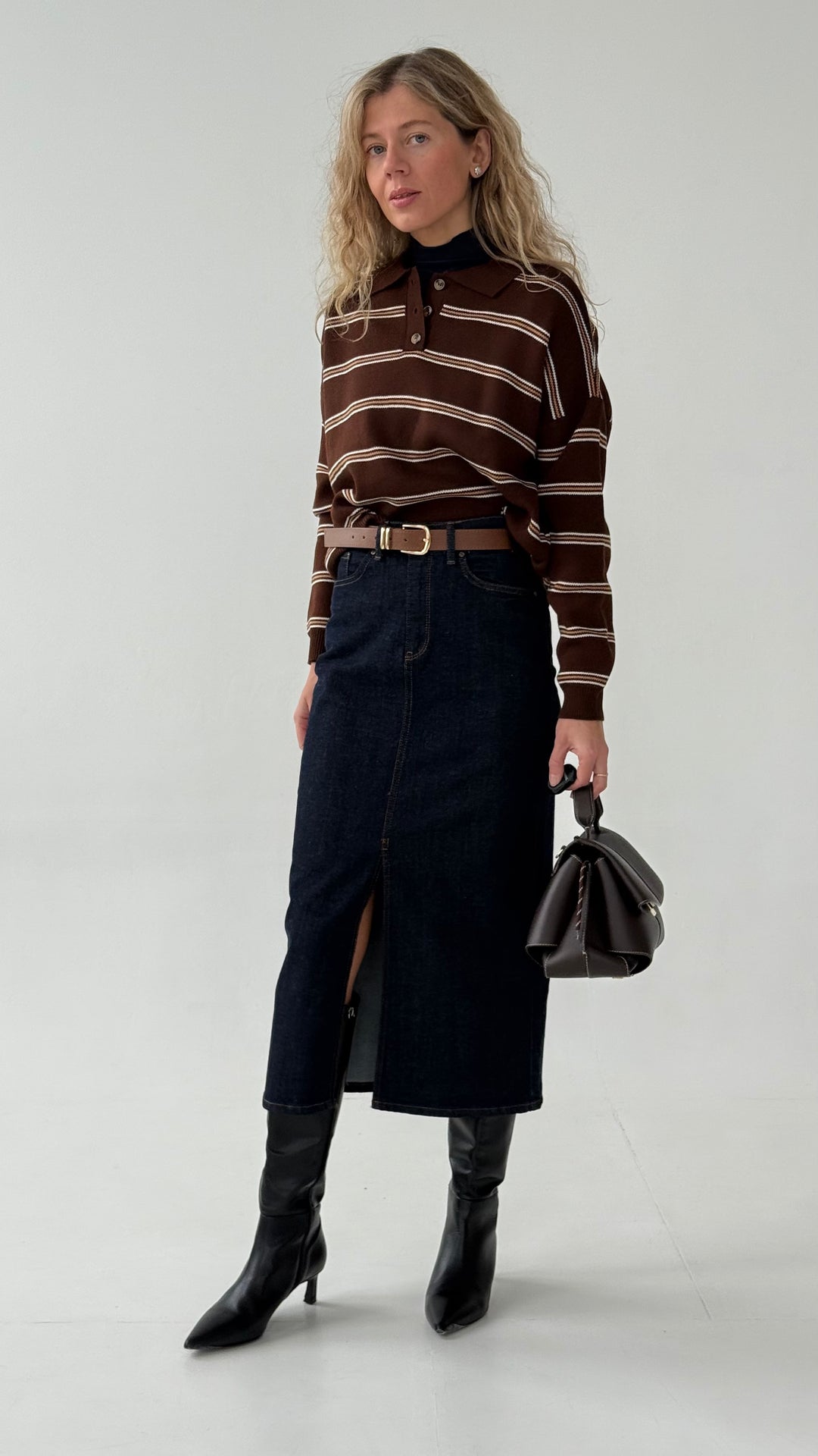 Midi džinsa svārki ar šķēlumu priekšpusē un noņemamu jostu