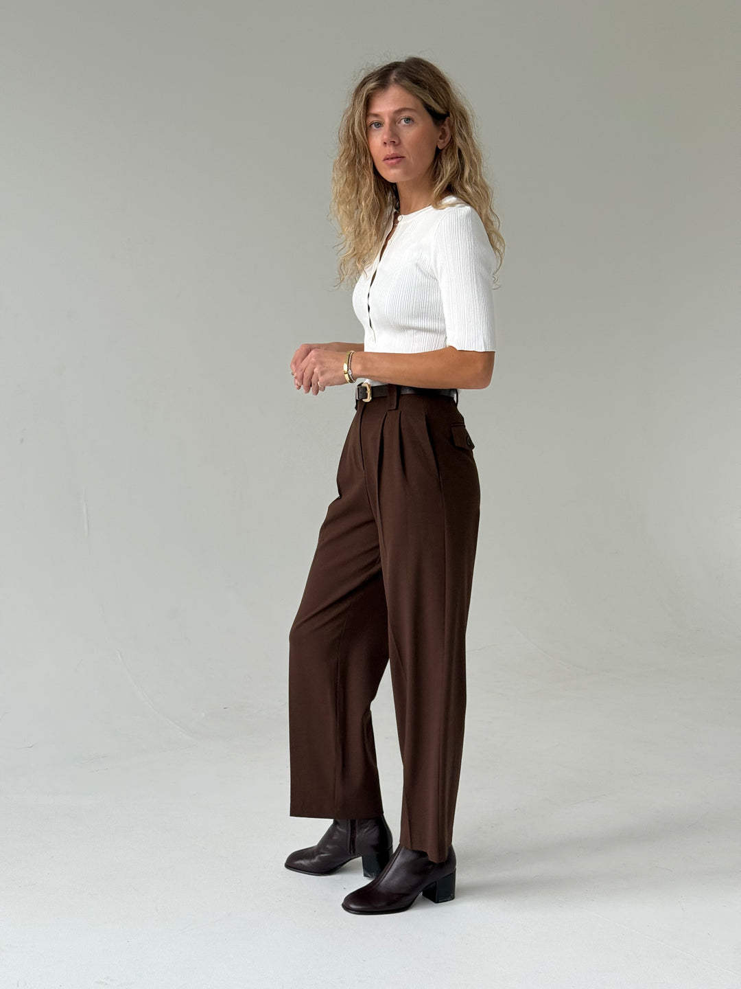 Klasiskas saīsinātas wide leg platas bikses ar jostu #01