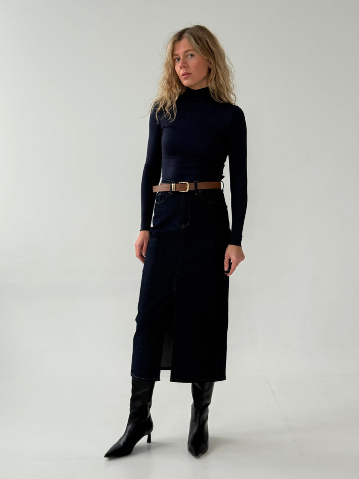 Midi džinsa svārki ar šķēlumu priekšpusē un noņemamu jostu