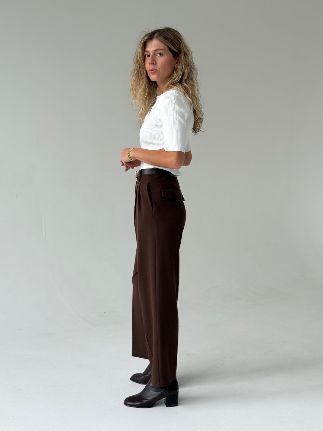 Klasiskas saīsinātas wide leg platas bikses ar jostu #01