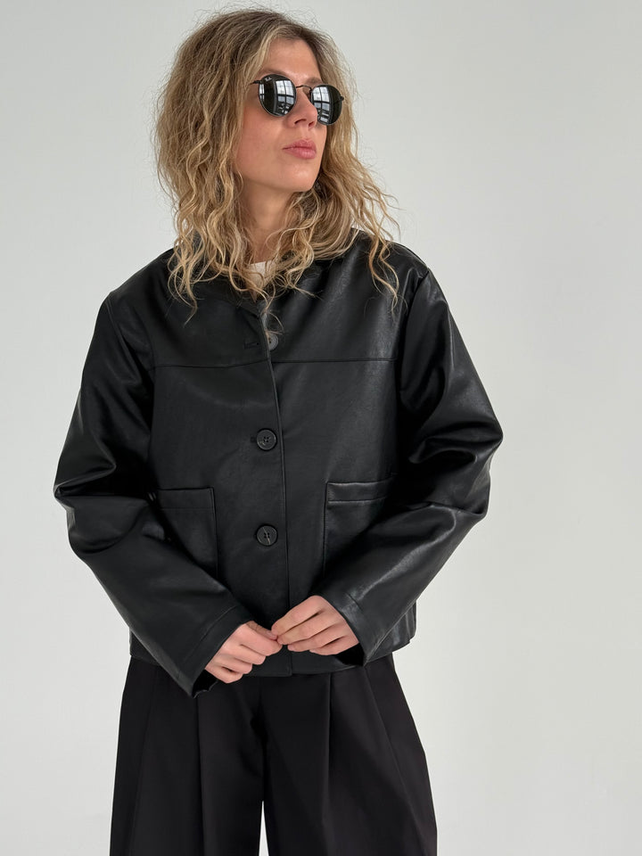 Klasiska žaketes stilā ādas imitācijas virsjaka