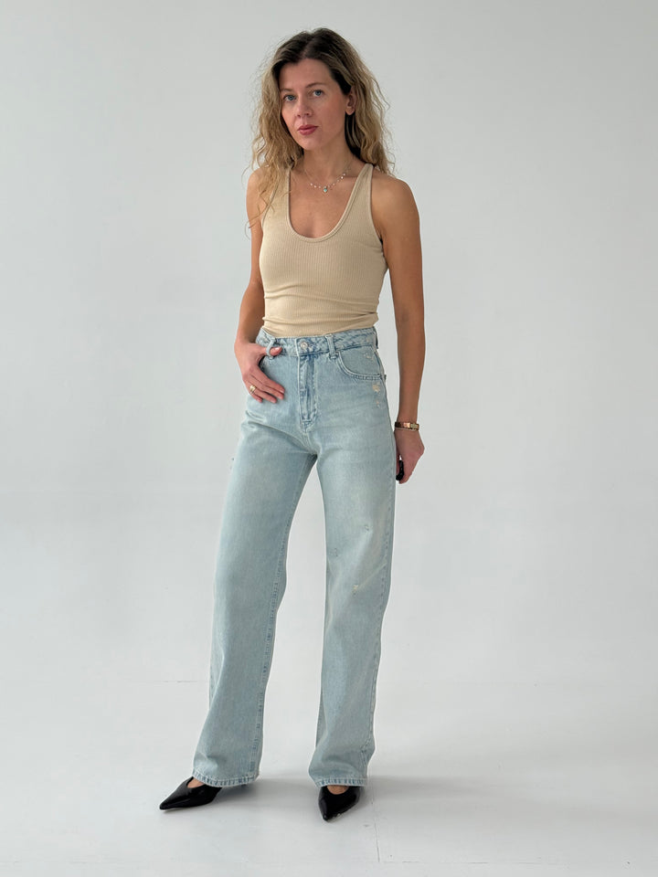 Taisnas džinsa bikses ar augstu jostasvietu un balinātu efektu #04