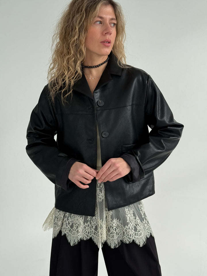 Klasiska žaketes stilā ādas imitācijas virsjaka