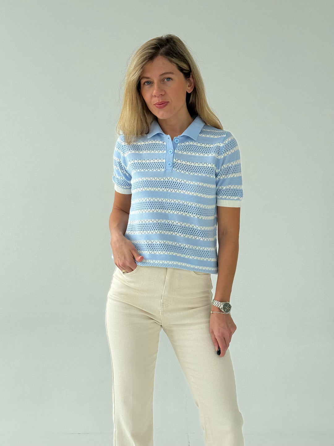 Adīts svītrains caurspīdīgs polo tops
