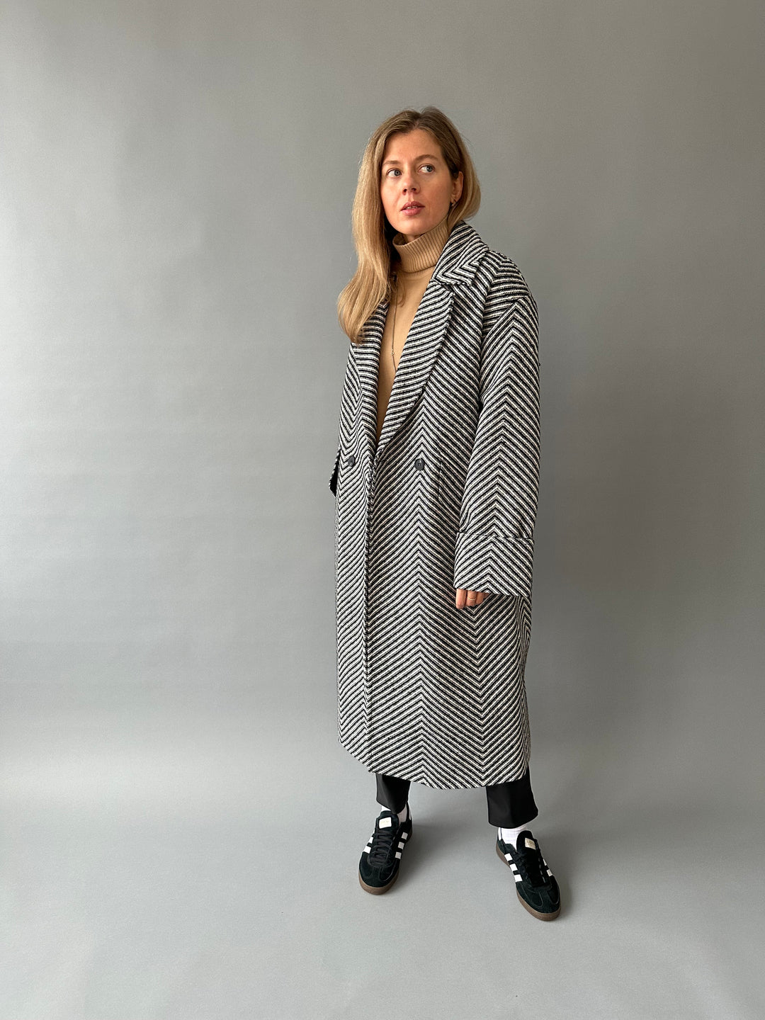 Wool fabric coat with herringbone pattern