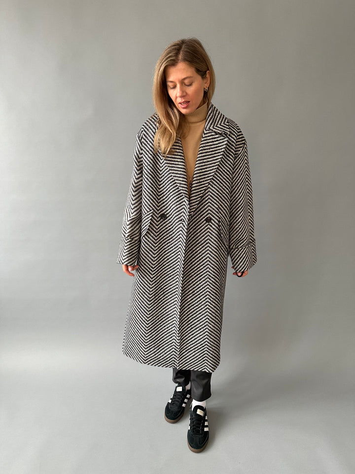 Wool fabric coat with herringbone pattern