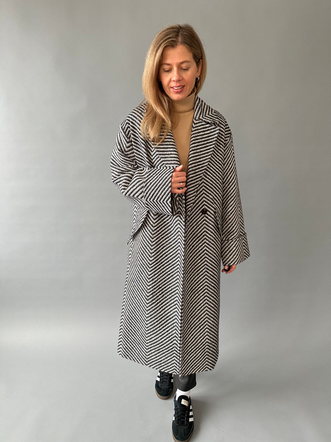 Wool fabric coat with herringbone pattern