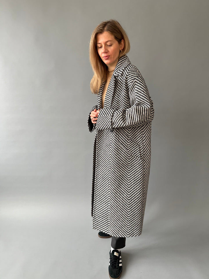 Wool fabric coat with herringbone pattern