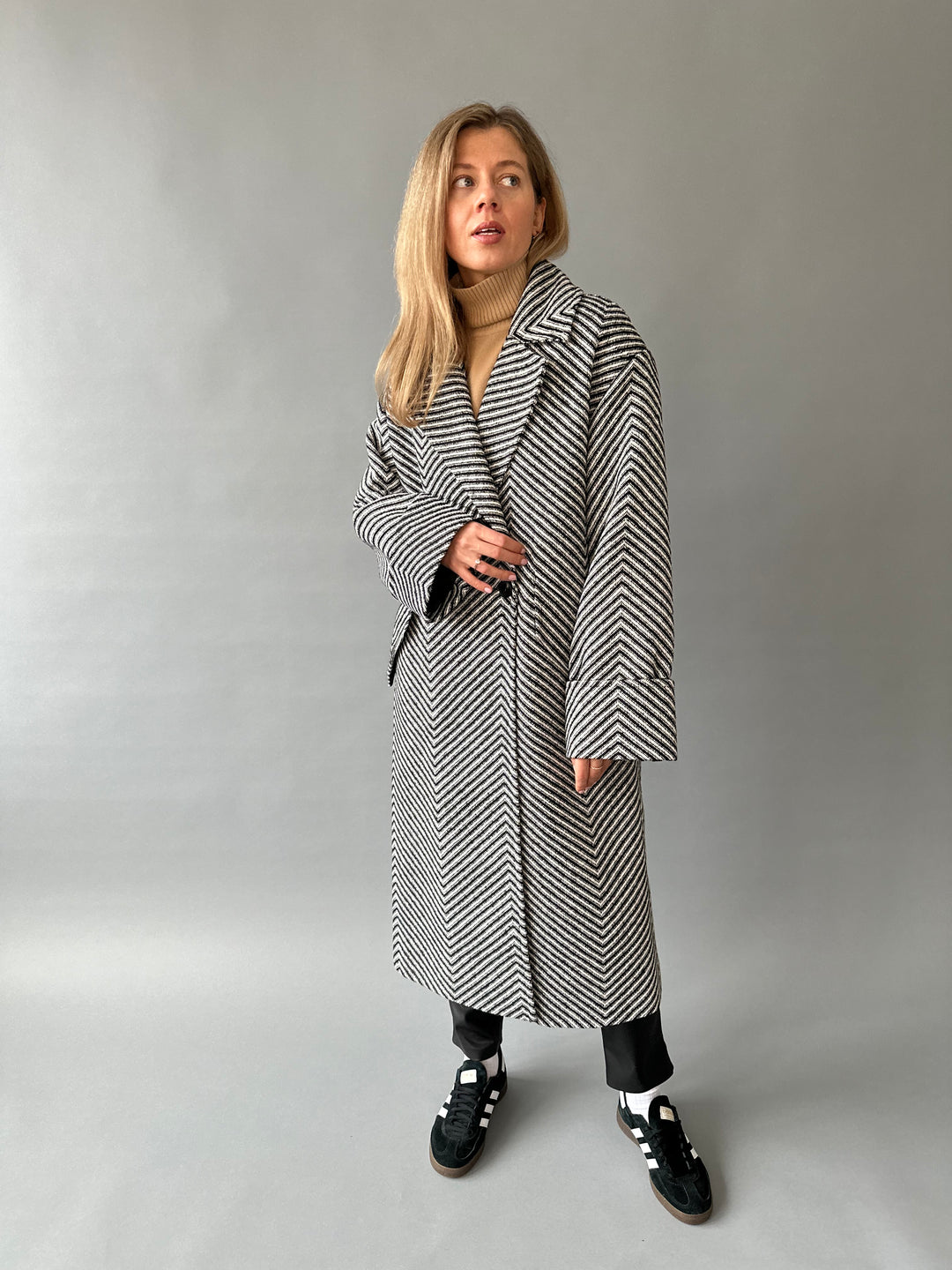 Wool fabric coat with herringbone pattern